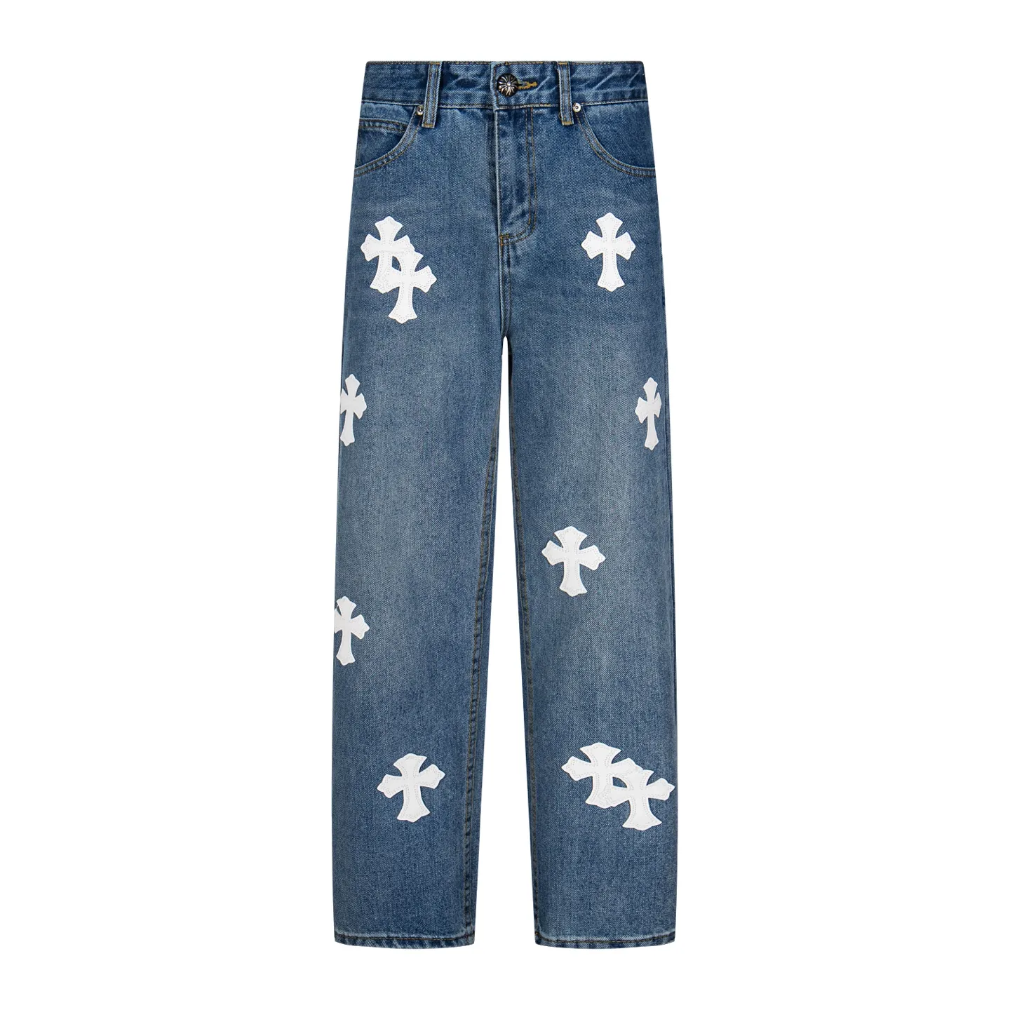 P240 💰 (Top version) Chrome Hearts Jeans Blue Library and White Leather It is well known that chromehearts jeans will use vintage Levis jeans as the base for creation. They usually add their own unique silver buckles and silver ornaments, plus leather embellishments. This is the reason why the value of these vintage jeans doubles, because the base is vintage jeans, and the jeans themselves have been very soft and comfortable after years of baptism. This can be distinguished from ordinary jeans. Regarding the size, you should also refer to the pants data. Color: blue Size: 28-30-32-34-34 (corresponds to S-M-L-XL-XXL)
